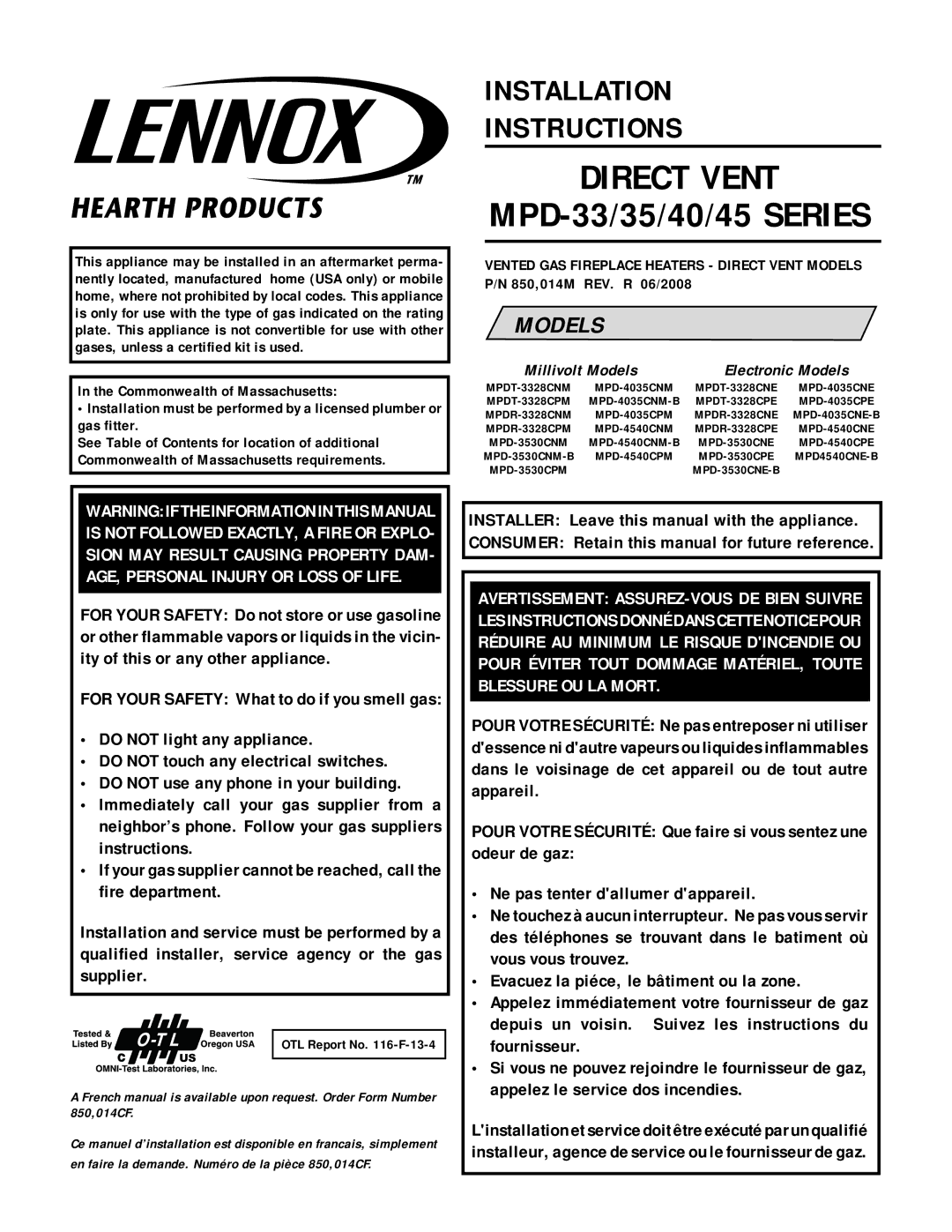 Lennox Hearth MPD-40 Series, MPD-45 Series installation instructions OTL Report No -F-13-4, MPD-3530CPE MPD4540CNE-B 