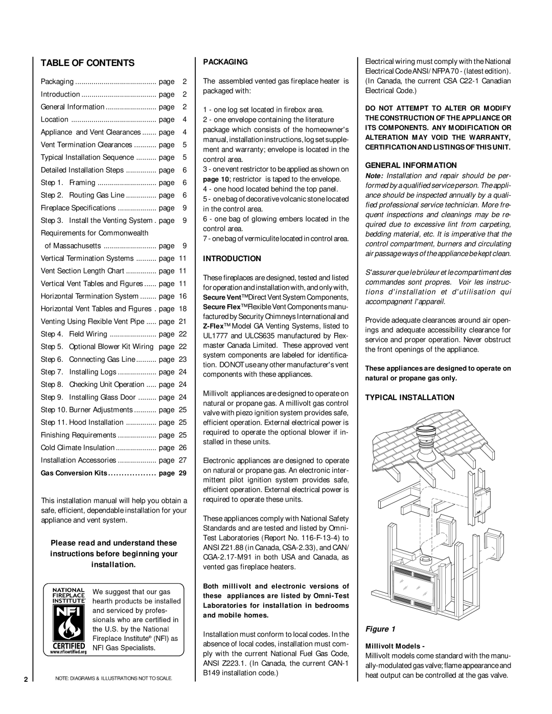 Lennox Hearth MPD-35 Series, MPD-45 Series, MPD-40 Series, MPD-33 Series installation instructions Table of Contents 