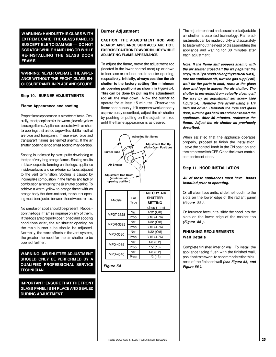 Lennox Hearth MPD-40 Series Burner Adjustments Flame Appearance and sooting, Hood Installation, Finishing Requirements 