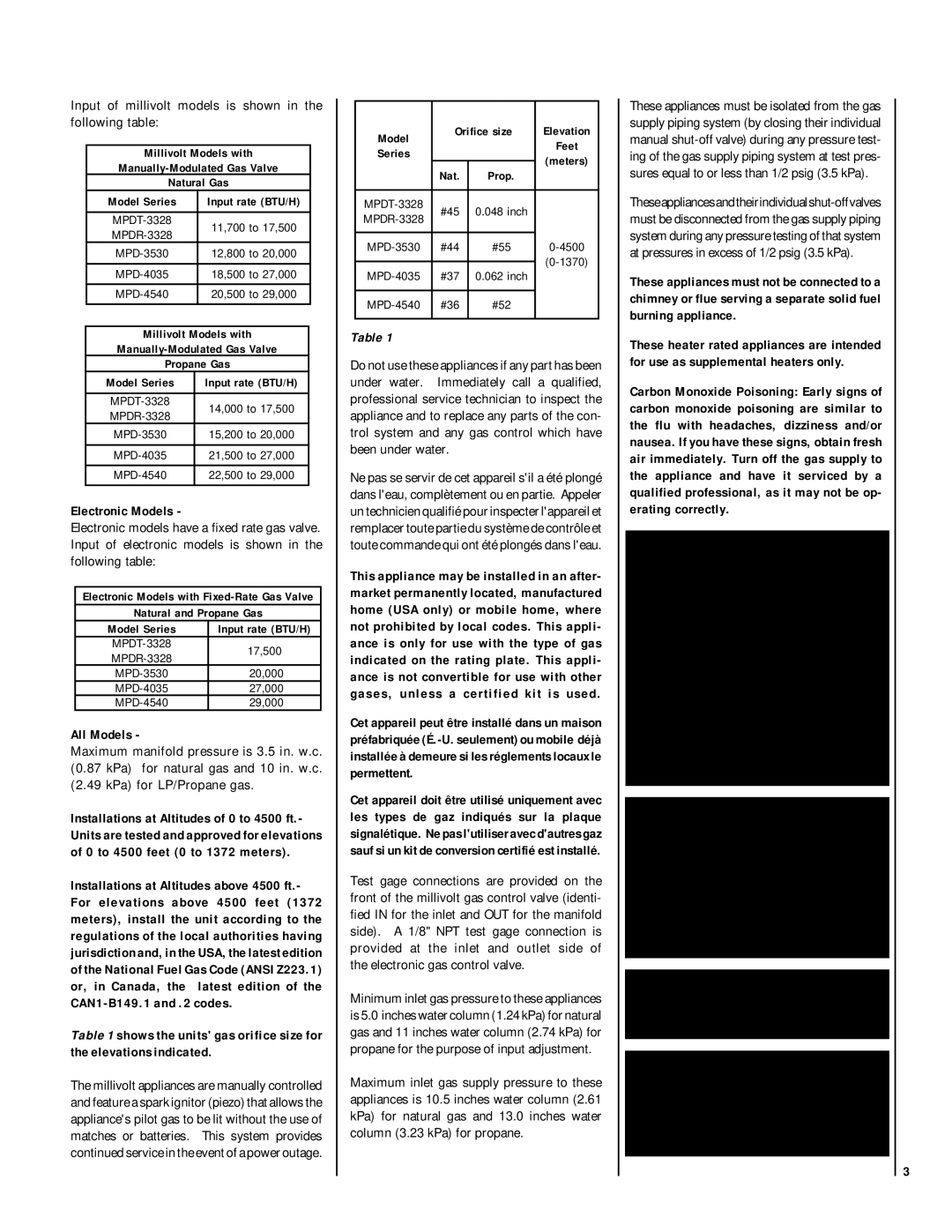 Lennox Hearth MPD-33 Series Input of millivolt models is shown in the following table, Electronic Models, All Models 