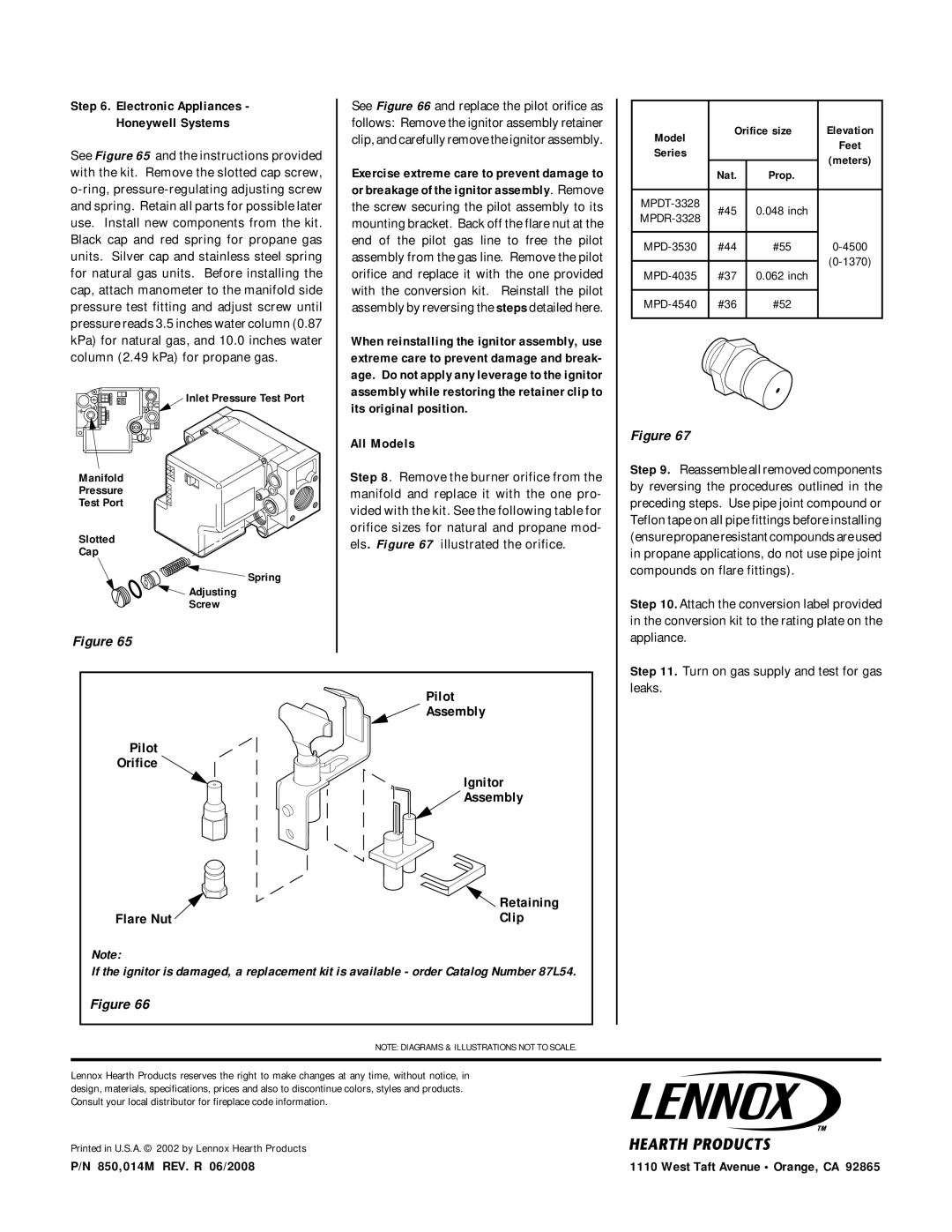 Lennox Hearth MPD-45 Series, MPD-40 Series, MPD-35 Series, MPD-33 Series Pilot Assembly, Ignitor Assembly, Flare Nut Clip 