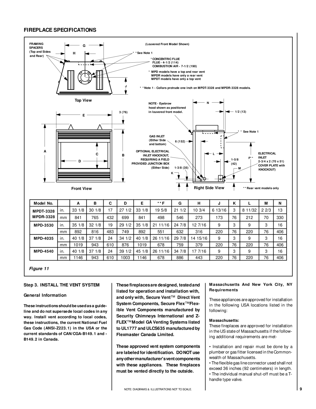 Lennox Hearth MPD-40 Series Top View, Front View Right Side View, Massachusetts, 841 765 432 699 498 546 273 173 212 330 