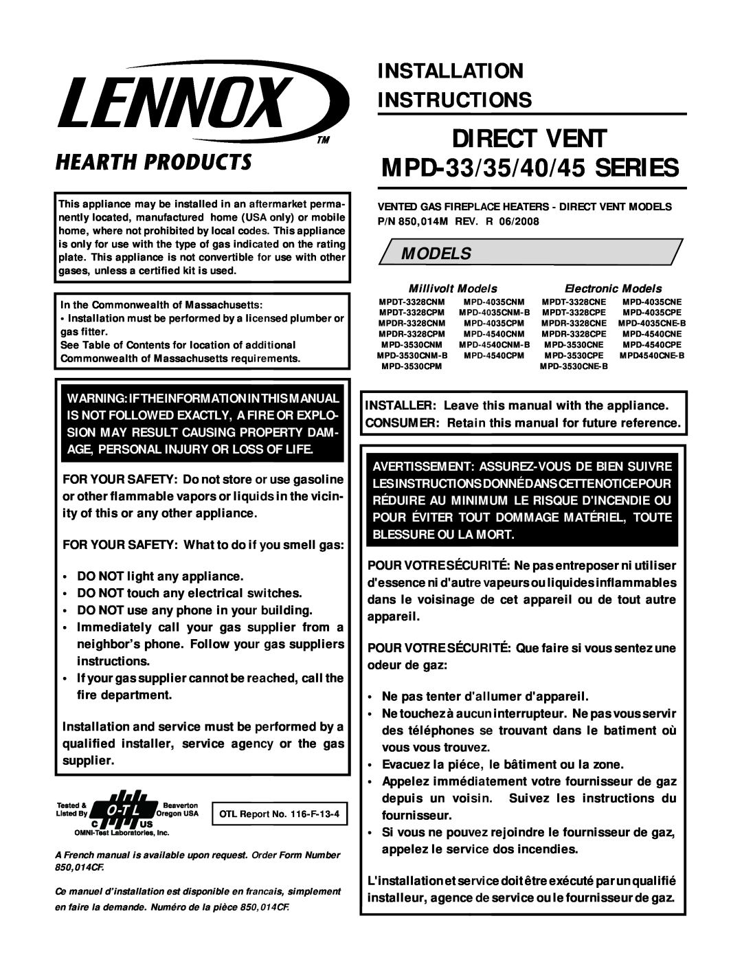 Lennox Hearth MPD-40 Series installation instructions DIRECT VENT MPD-33/35/40/45SERIES, Installation Instructions, Models 