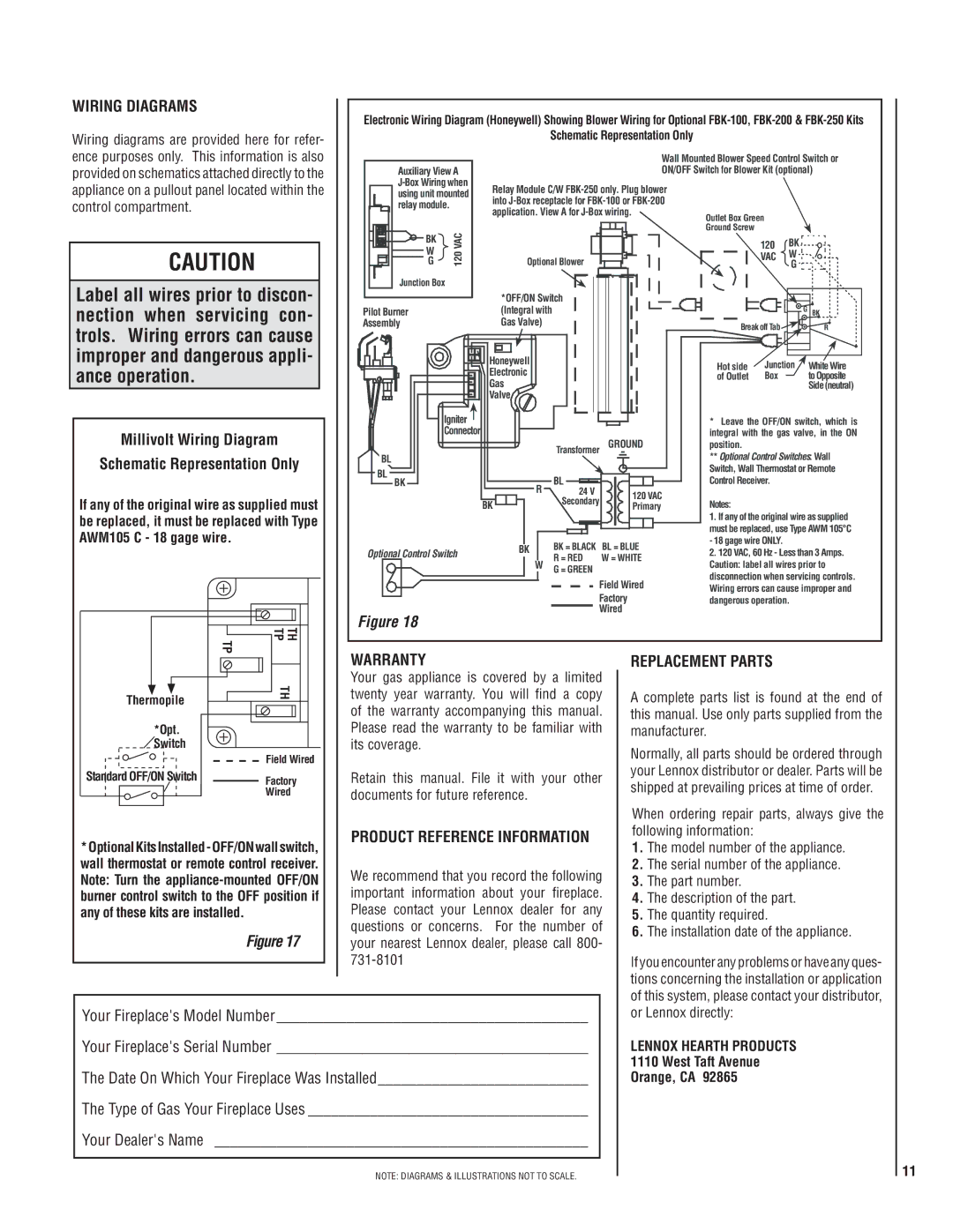 Lennox Hearth MPD35ST-NE, MPD35ST-NM, MPD35ST-PM manual Wiring Diagrams, Warranty Replacement Parts 