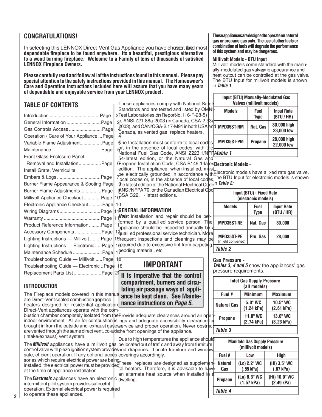 Lennox Hearth MPD35ST-NE, MPD35ST-NM, MPD35ST-PM manual Congratulations 