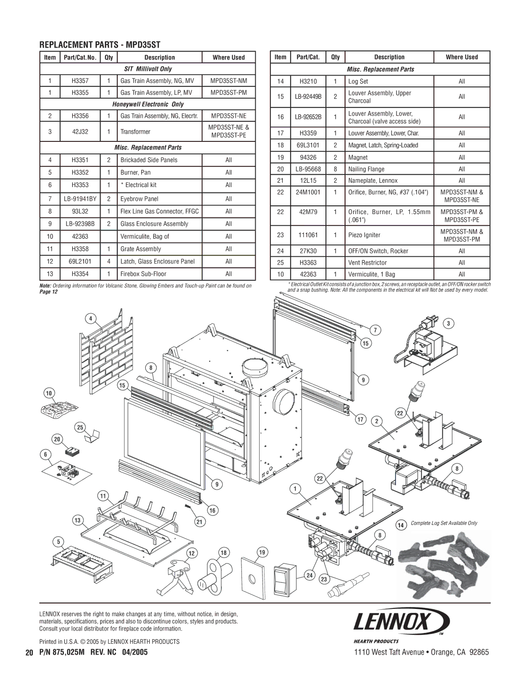 Lennox Hearth MPD35ST-NE, MPD35ST-NM Replacement Parts MPD35ST, 20 P/N 875,025M REV. NC 04/2005, Description Where Used 