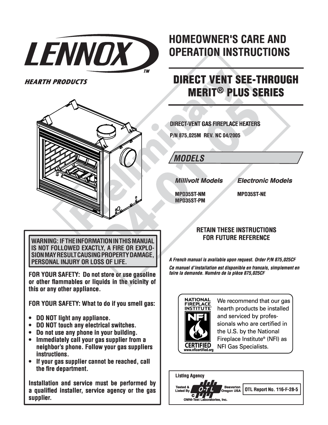 Lennox Hearth MPD35ST-PM, MPD35ST-NM manual Electronic Models, Millivolt Models, this or any other appliance, supplier 
