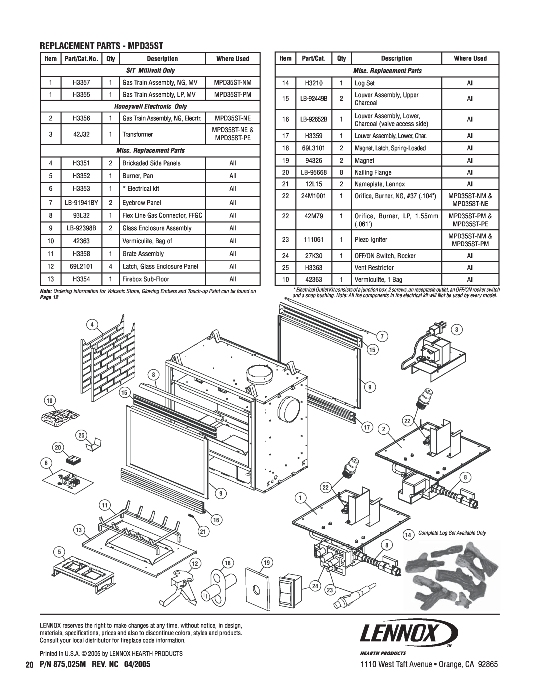 Lennox Hearth MPD35ST-NE, MPD35ST-NM, MPD35ST-PM manual Description, Where Used, Part/Cat, Misc. Replacement Parts 