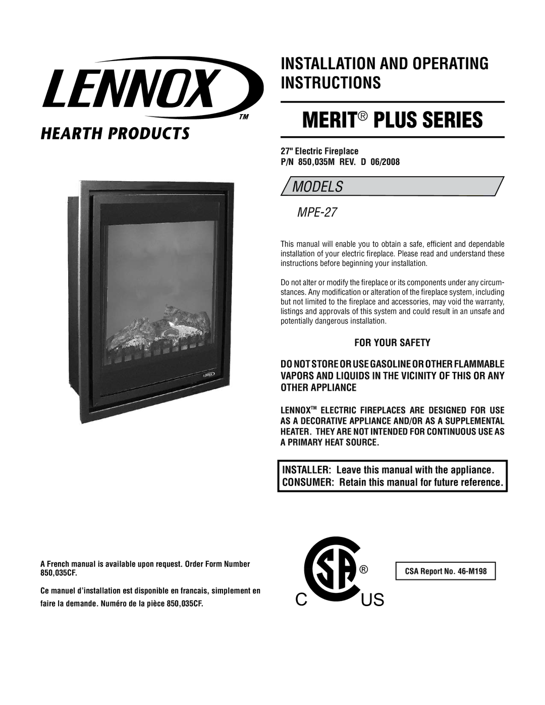 Lennox Hearth MPE-27 warranty Merit Plus Series, Electric Fireplace 850,035M REV. D 06/2008 