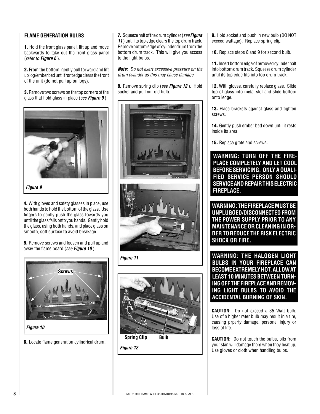 Lennox Hearth MPE-27 warranty Flame Generation bulbs, Screws, Locate flame generation cylindrical drum 