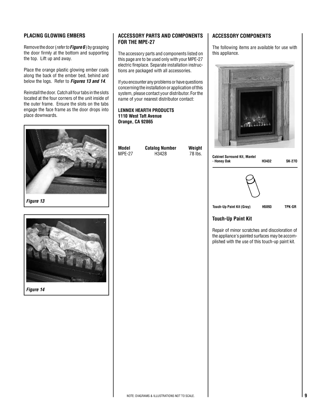 Lennox Hearth warranty Placing Glowing Embers, Accessory Parts and components For The MPE-27, Accessory Components 