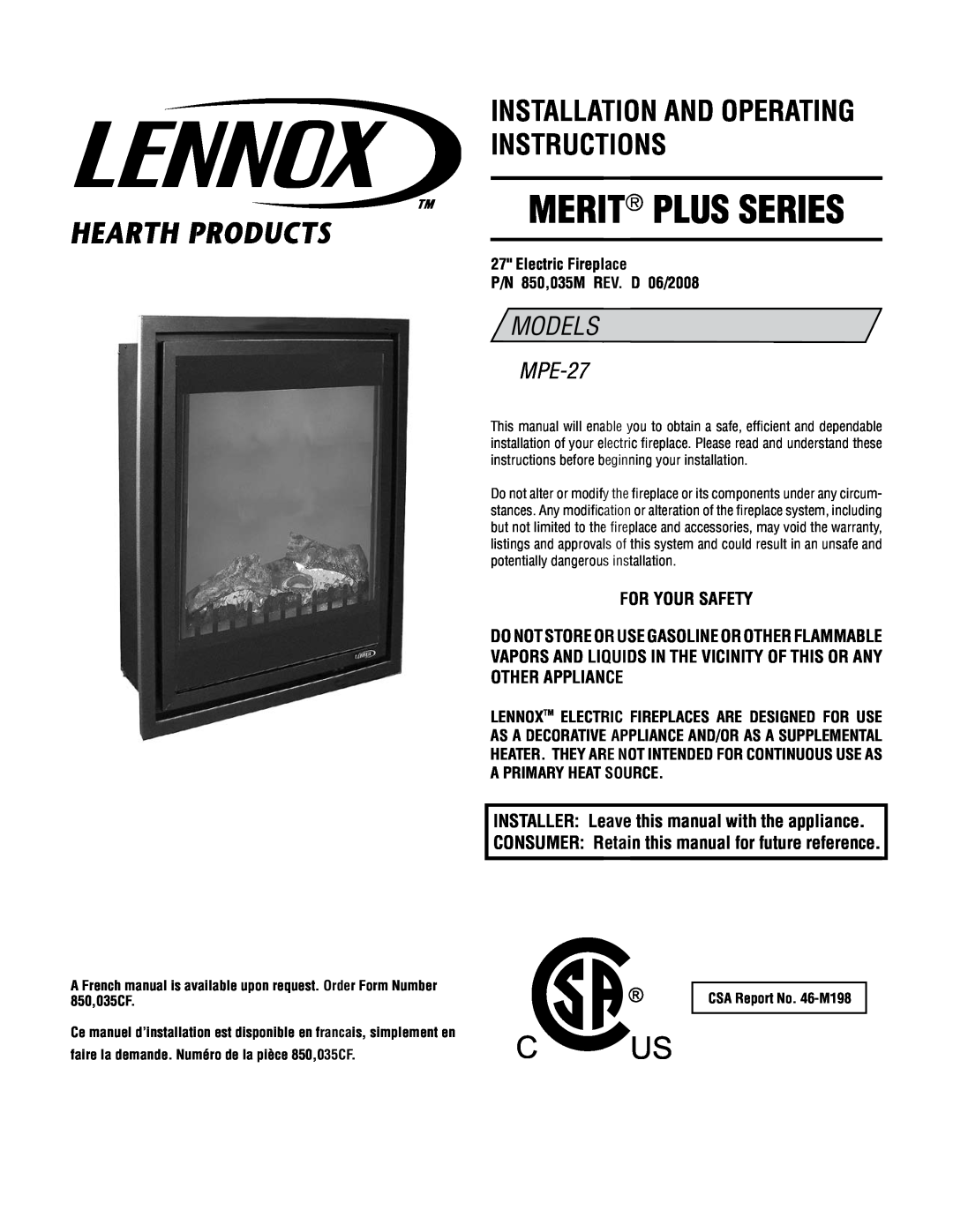 Lennox Hearth MPE-27 warranty For your safety, INSTALLER Leave this manual with the appliance, Merit Plus Series, Models 