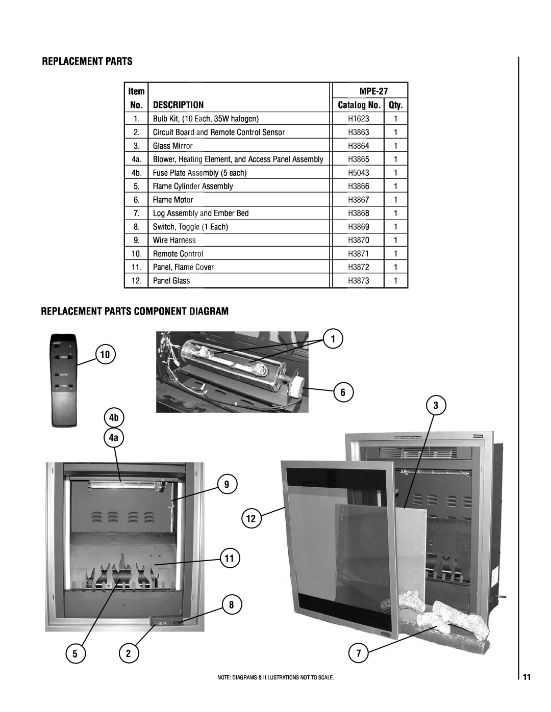 Lennox Hearth MPE-27 warranty Replacement Parts COMPONENT DIAGRAM, 1 10 6 3 4b 4a, Description 