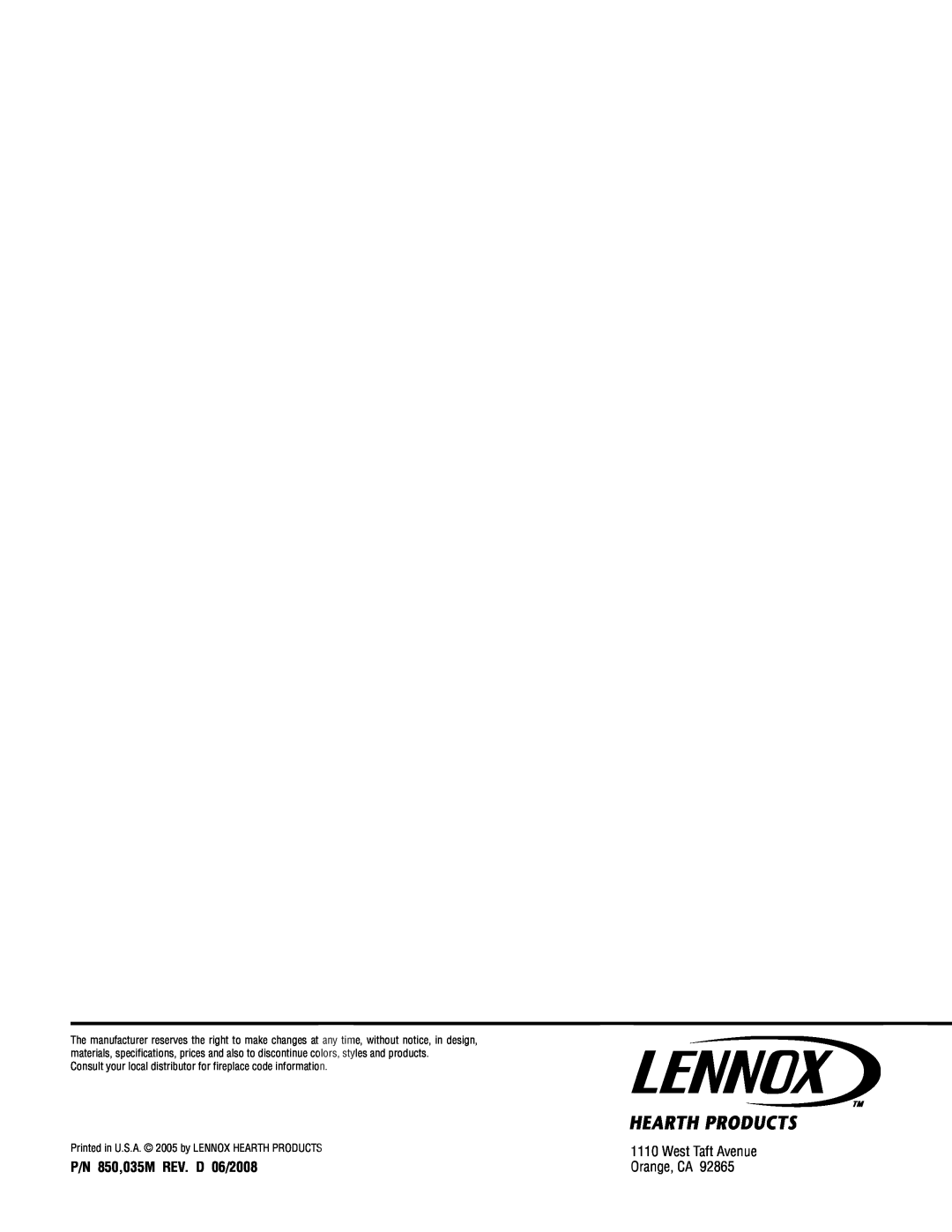 Lennox Hearth MPE-27 warranty P/N 850,035M REV. D 06/2008, West Taft Avenue Orange, CA 