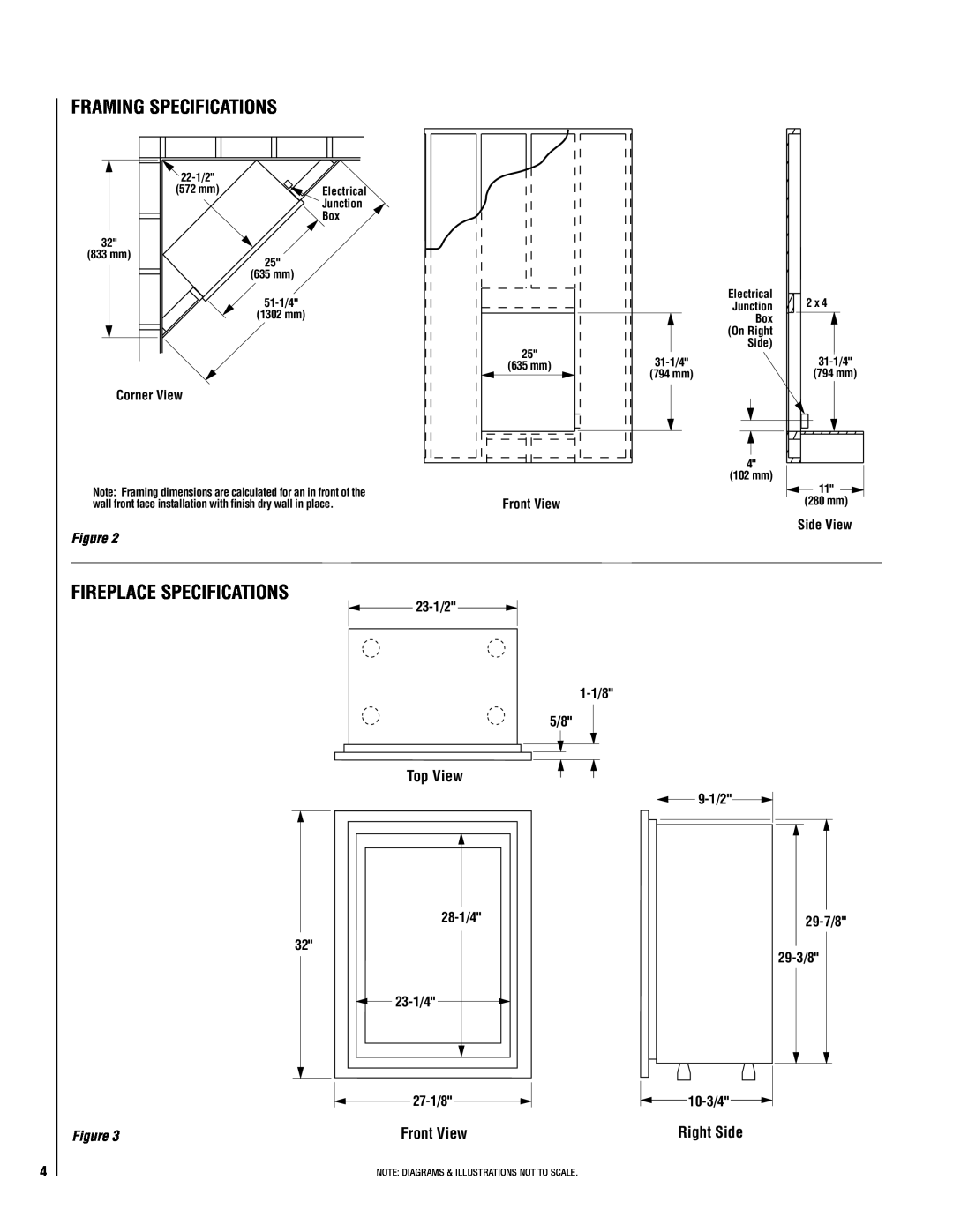 Lennox Hearth MPE-27 Framing Specifications, Fireplace specifications, Top View, Right Side, Junction Box, 635 mm, 51-1/4 