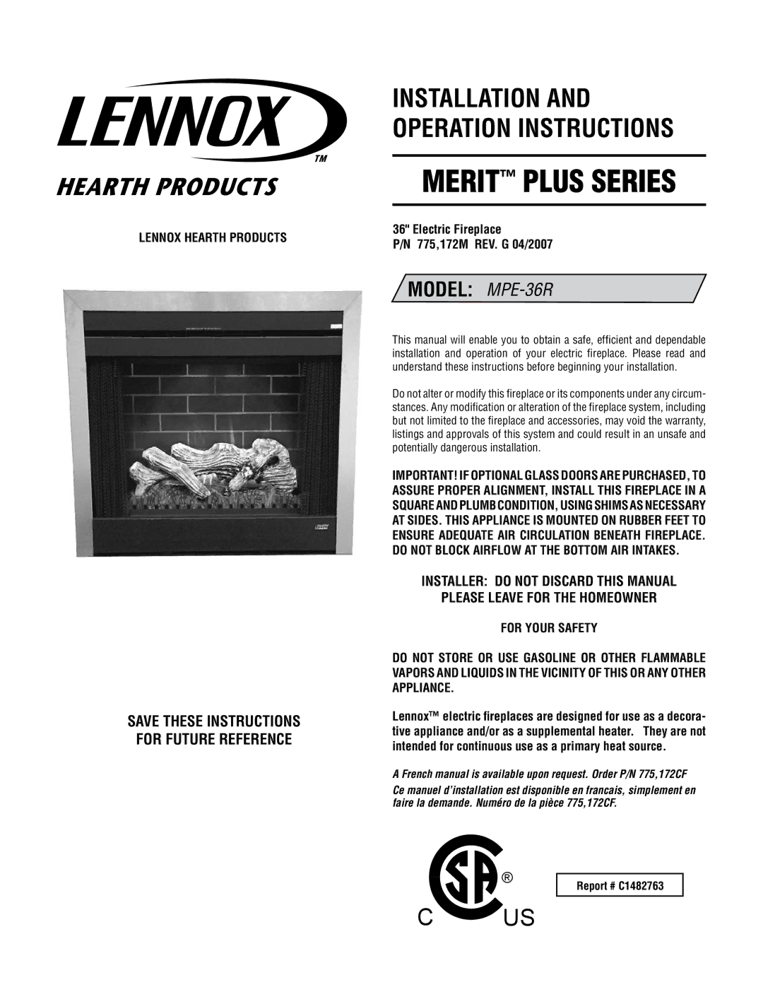 Lennox Hearth MPE-36R warranty Electric Fireplace 775,172M REV. G 04/2007, Do not Block Airflow AT the Bottom AIR Intakes 