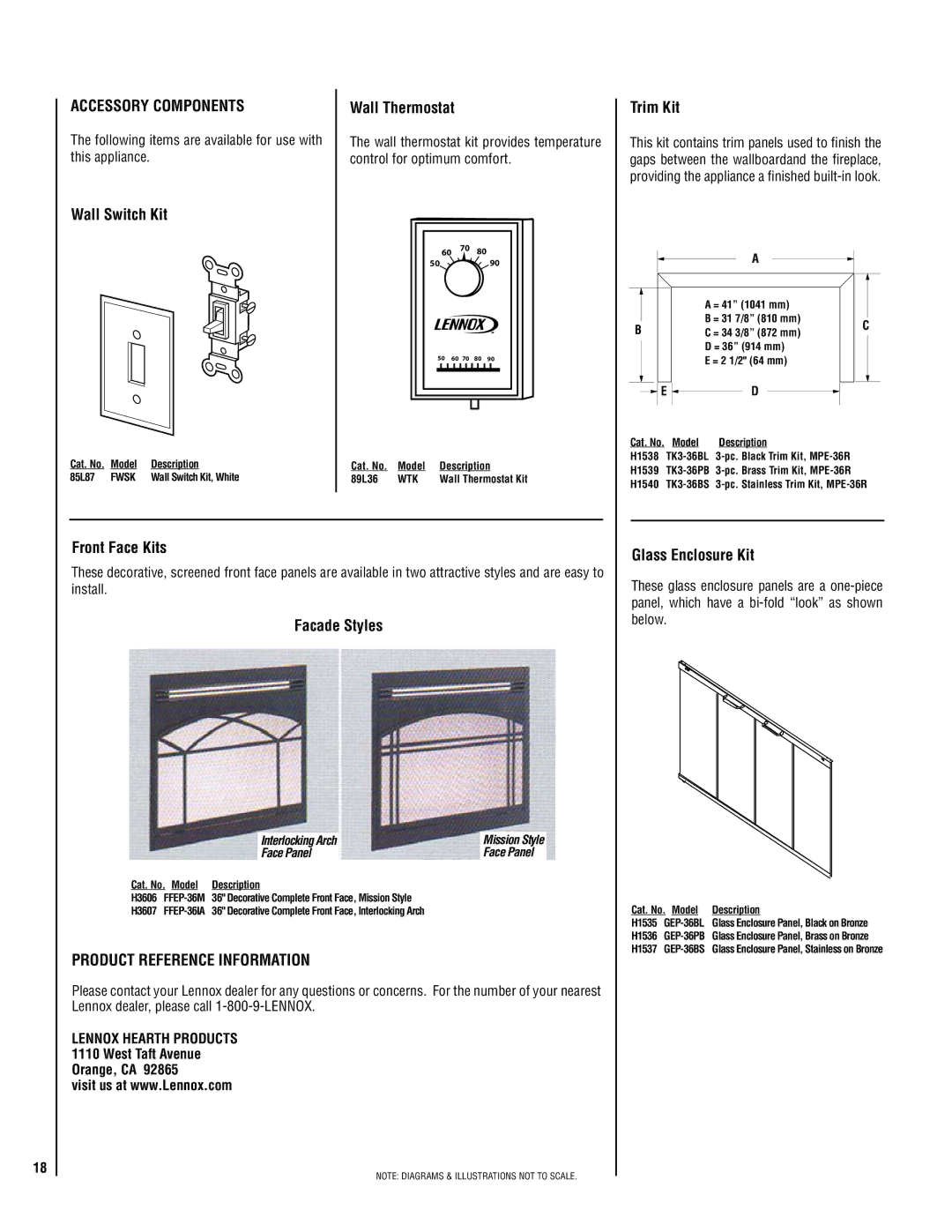 Lennox Hearth MPE-36R Accessory Components, Wall Switch Kit, Wall Thermostat, Trim Kit, Front Face Kits, Facade Styles 