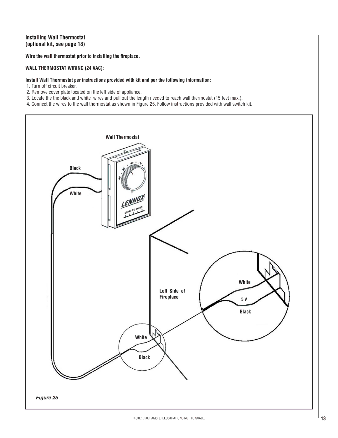 Lennox Hearth MPE-36R Wall Thermostat Wiring 24 VAC, Wall Thermostat Black White Left Side Fireplace, White Black 