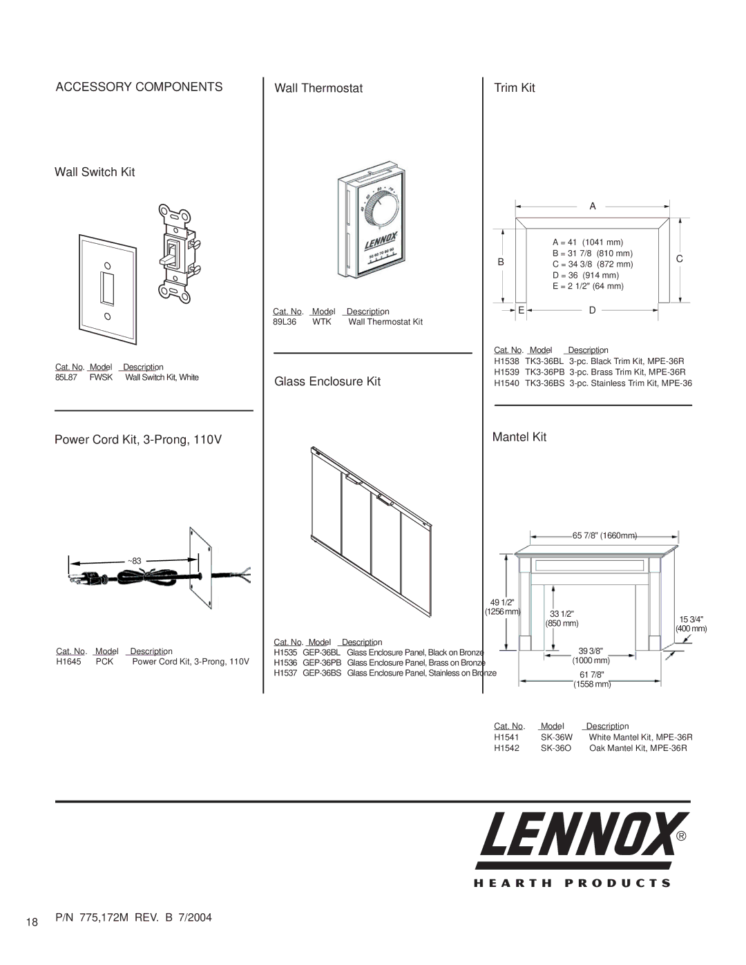 Lennox Hearth MPE-36R installation instructions Accessory Components 