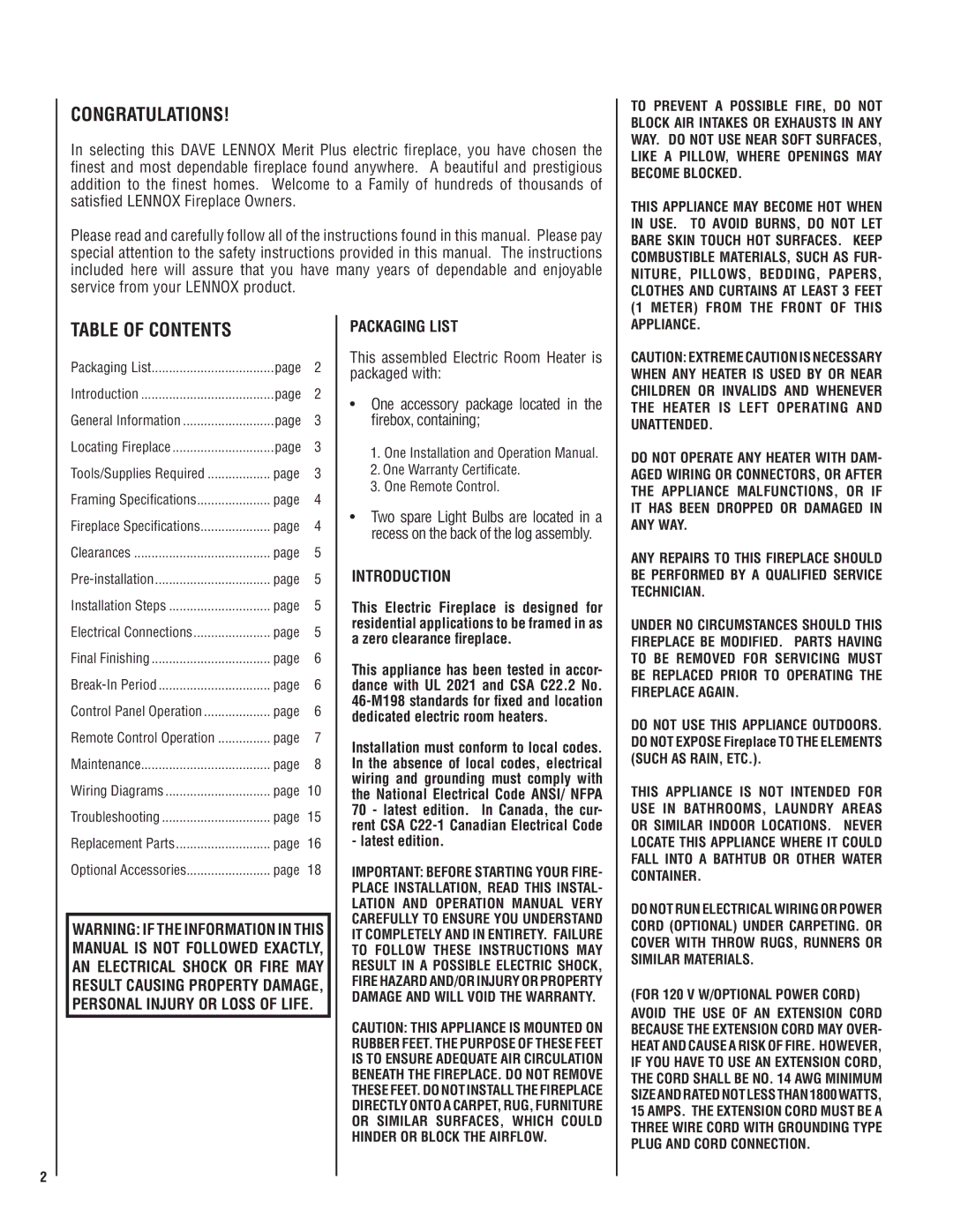 Lennox Hearth MPE-36R installation instructions Congratulations, Table of Contents 