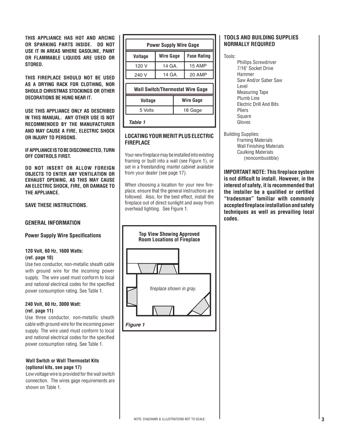 Lennox Hearth MPE-36R General Information, Power Supply Wire Speciﬁcations, Locating Your Merit Plus Electric Fireplace 