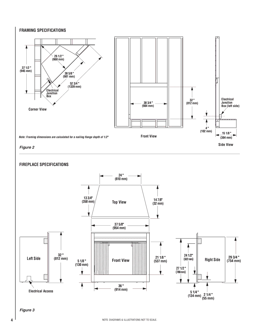 Lennox Hearth MPE-36R installation instructions Framing Specifications, Fireplace Specifications, Left Side, Right Side 