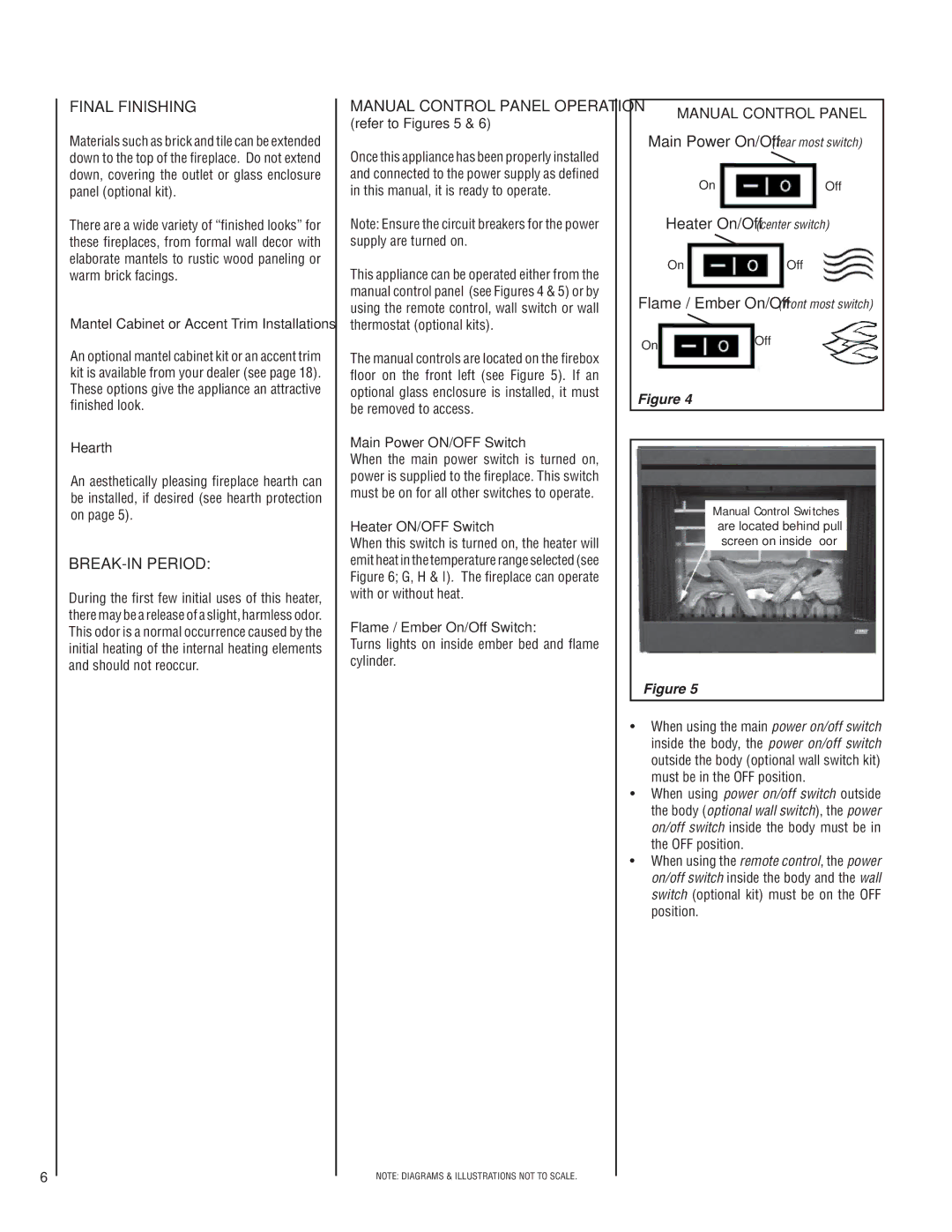 Lennox Hearth MPE-36R Final Finishing, BREAK-IN Period, Manual Control Panel, Main Power On/Off rear most switch 