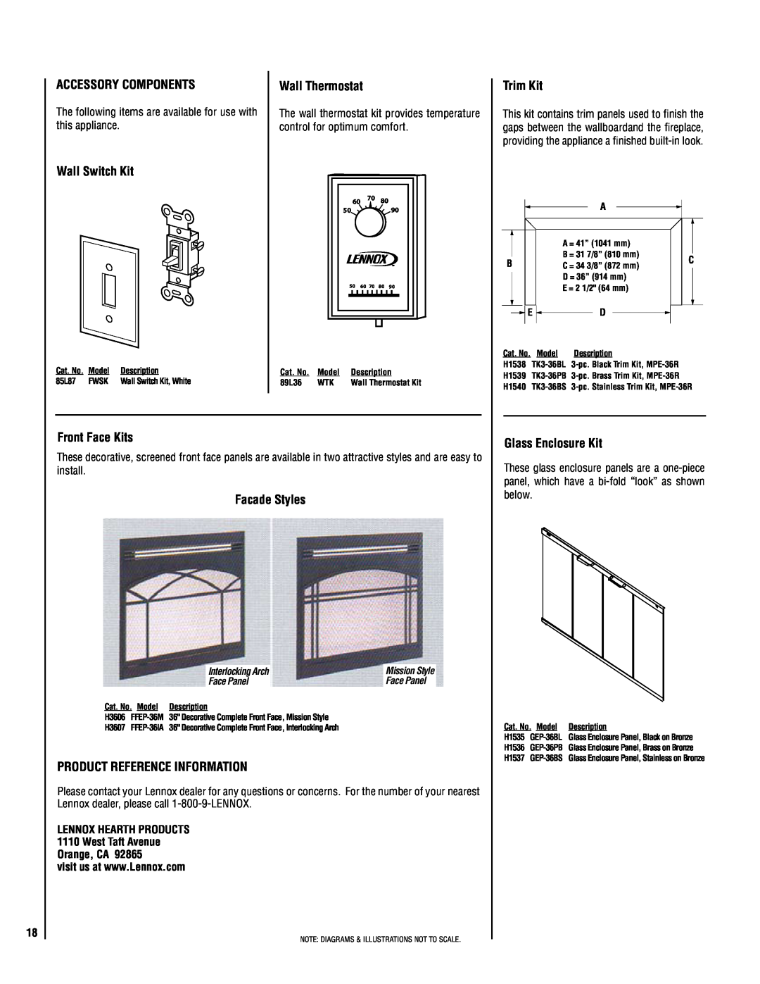 Lennox Hearth MPE-36R Accessory Components, Wall Switch Kit, Wall Thermostat, Trim Kit, Front Face Kits, Facade Styles 