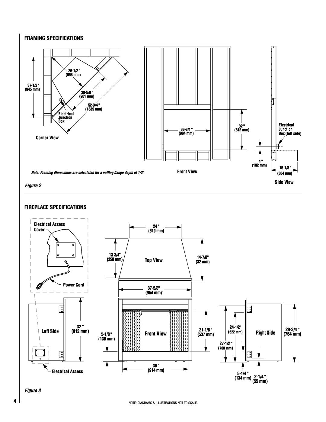 Lennox Hearth MPE-36R warranty Framing Specifications, Fireplace specifications, Left Side, Top View, Front View 