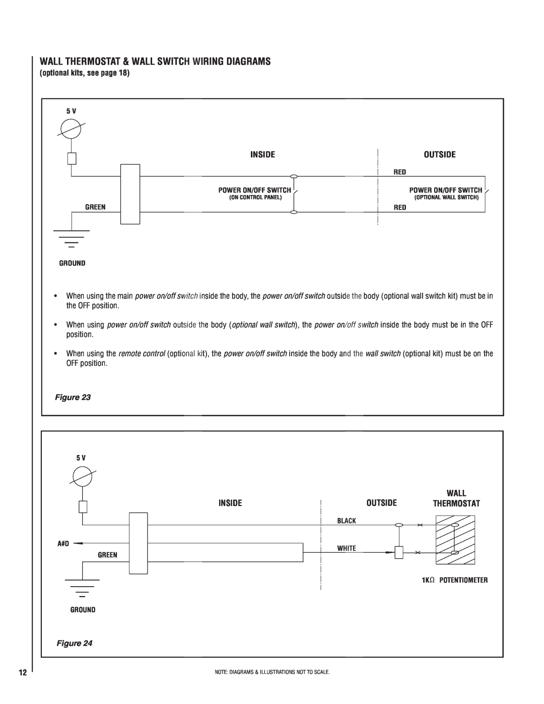 Lennox Hearth MPE-36R installation instructions Wall Thermostat & Wall Switch Wiring Diagrams, Inside, Outside 
