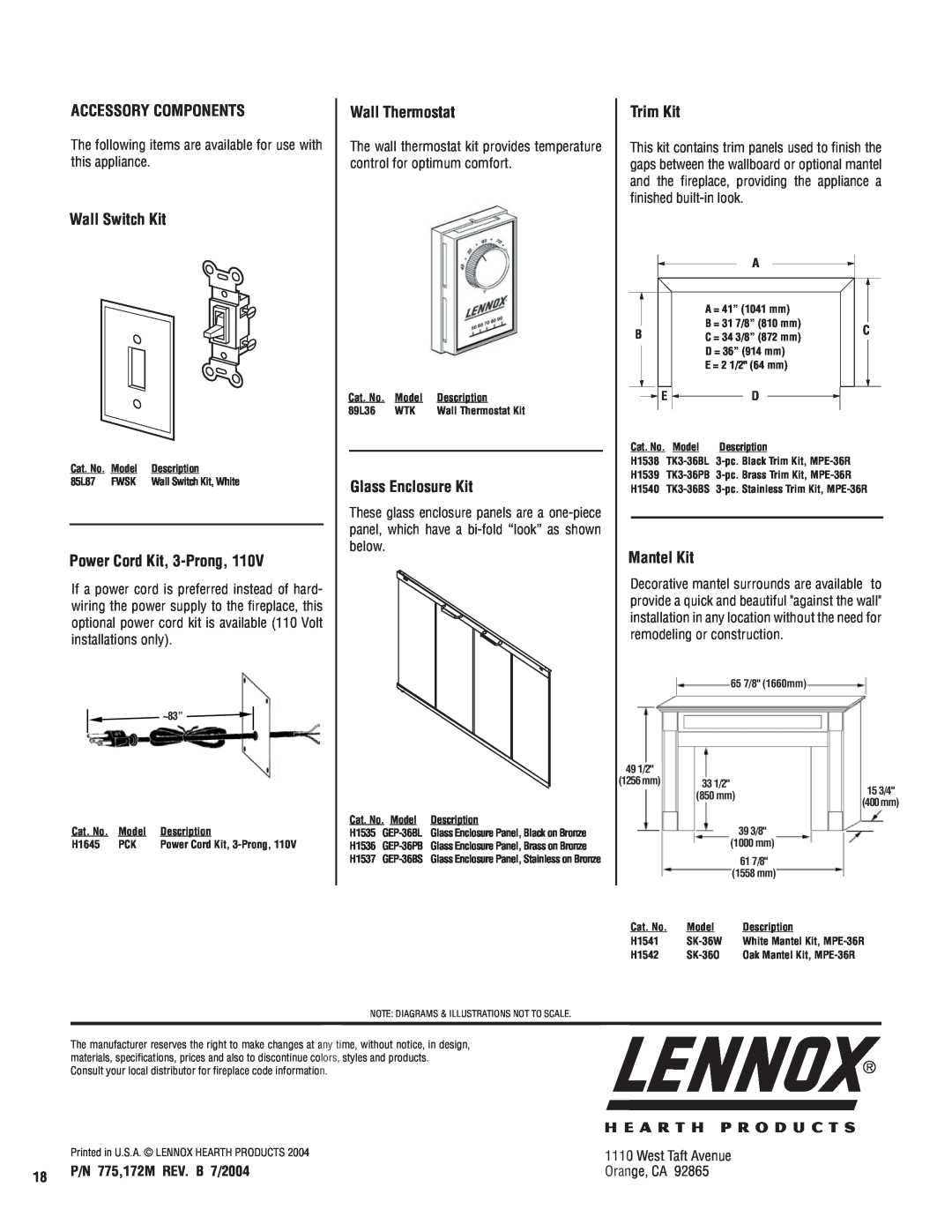 Lennox Hearth MPE-36R Accessory Components, Wall Switch Kit, Power Cord Kit, 3-Prong,110V, Wall Thermostat, Trim Kit 