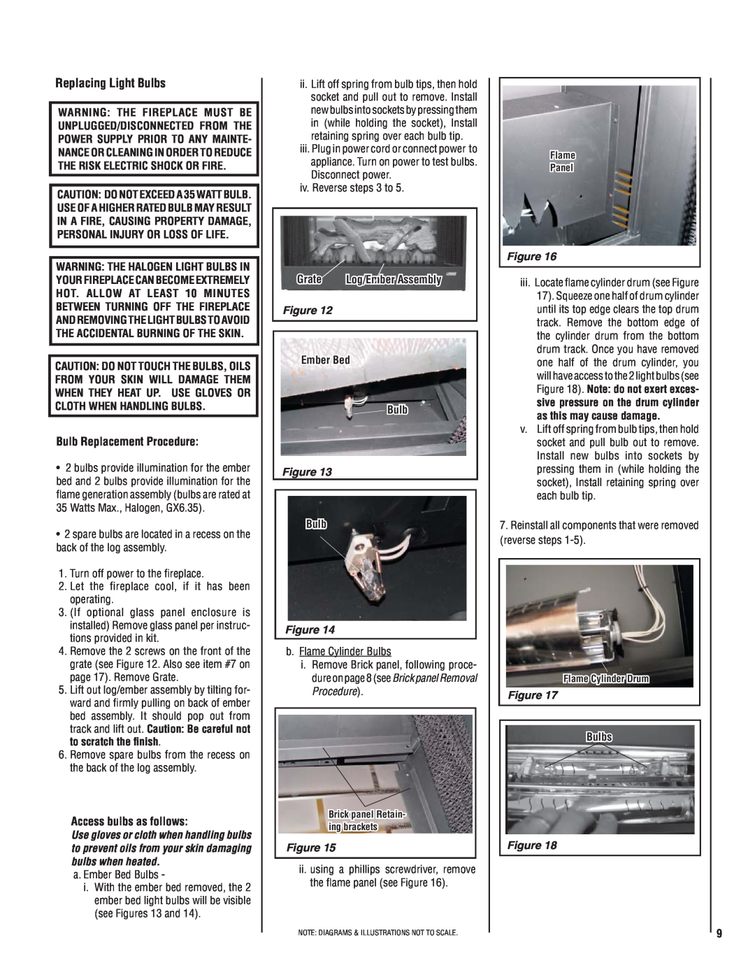 Lennox Hearth MPE-36R installation instructions Replacing Light Bulbs, Bulb Replacement Procedure, Access bulbs as follows 