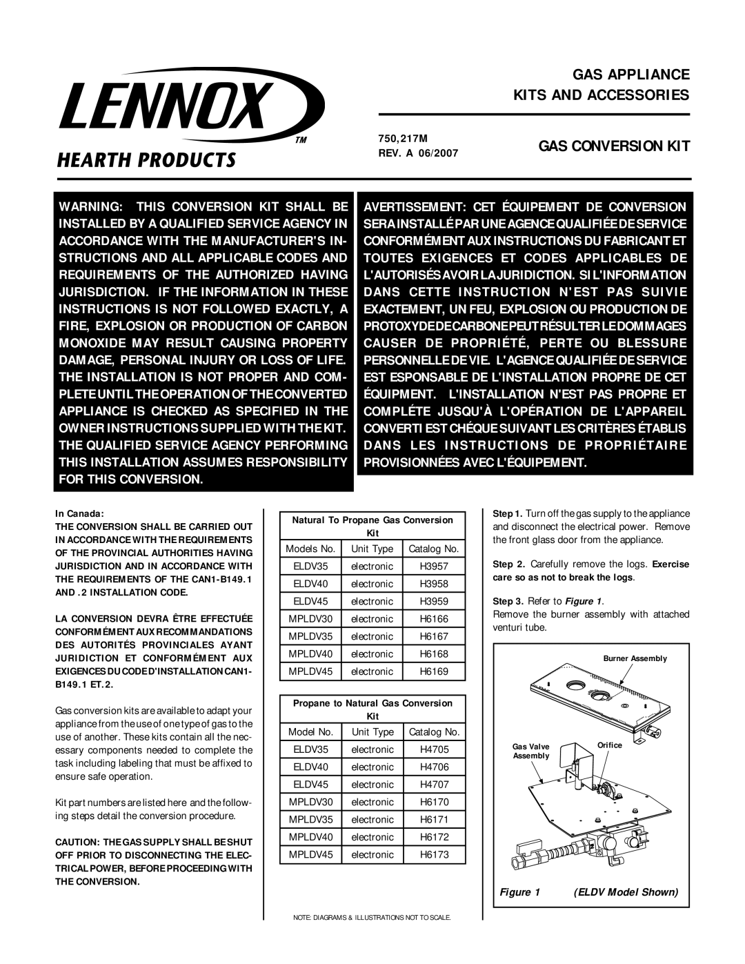 Lennox Hearth MPLDV40 manual GAS Conversion KIT, Canada, 2 Installation Code, Natural To Propane Gas Conversion Kit 