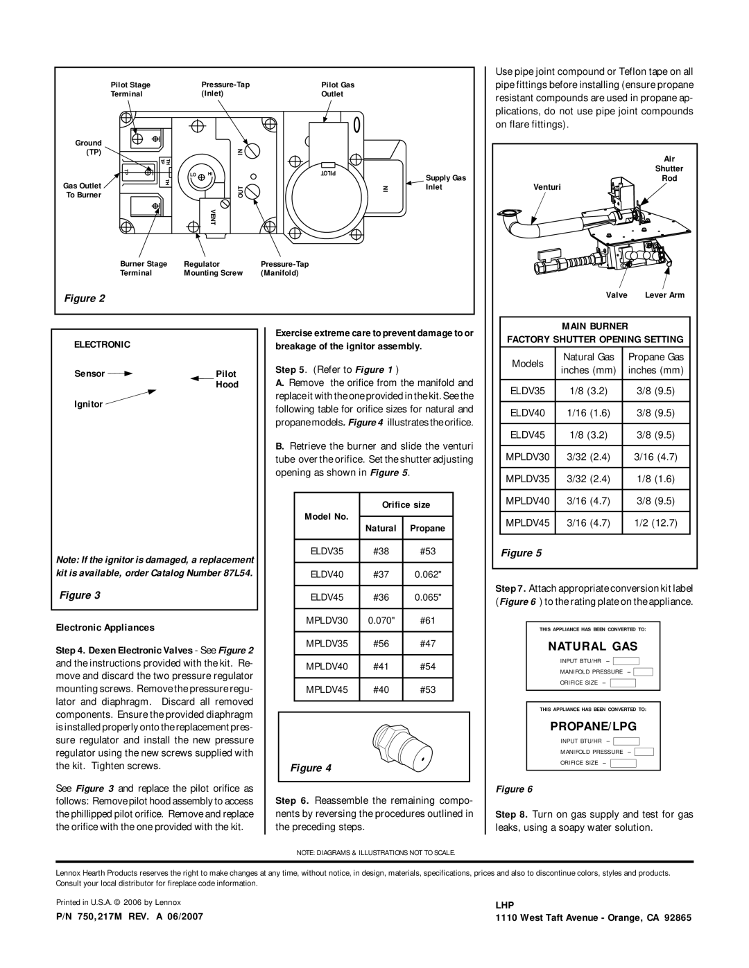 Lennox Hearth MPLDV35, MPLDV30, MPLDV40, MPLDV45 manual Natural GAS, Propane/Lpg, Main Burner, Electronic, Lhp 