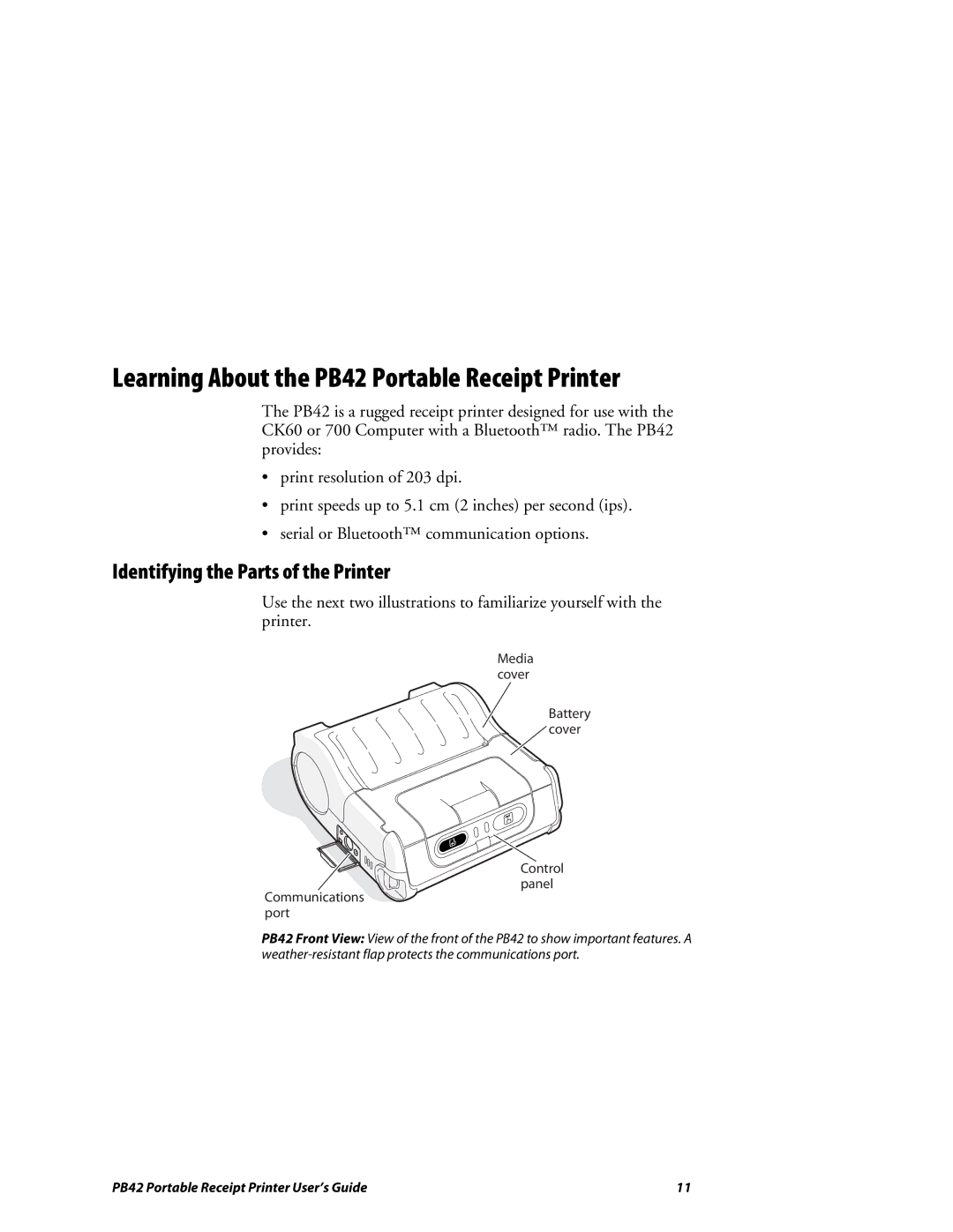 Lennox Hearth manual Learning About the PB42 Portable Receipt Printer, Identifying the Parts of the Printer 