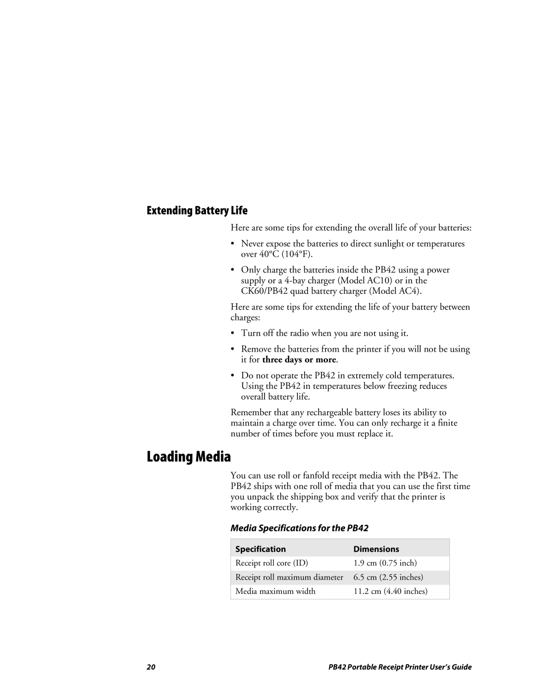 Lennox Hearth manual Loading Media, Extending Battery Life, Media Specifications for the PB42, Specification Dimensions 