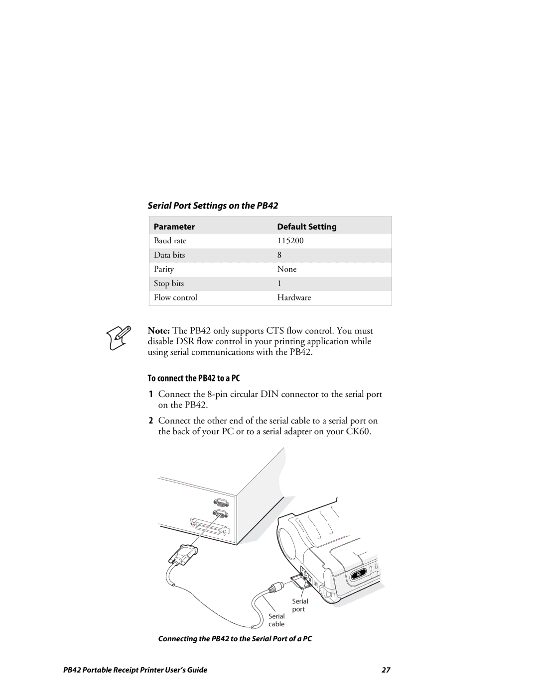 Lennox Hearth manual Serial Port Settings on the PB42, To connect the PB42 to a PC, Parameter Default Setting 