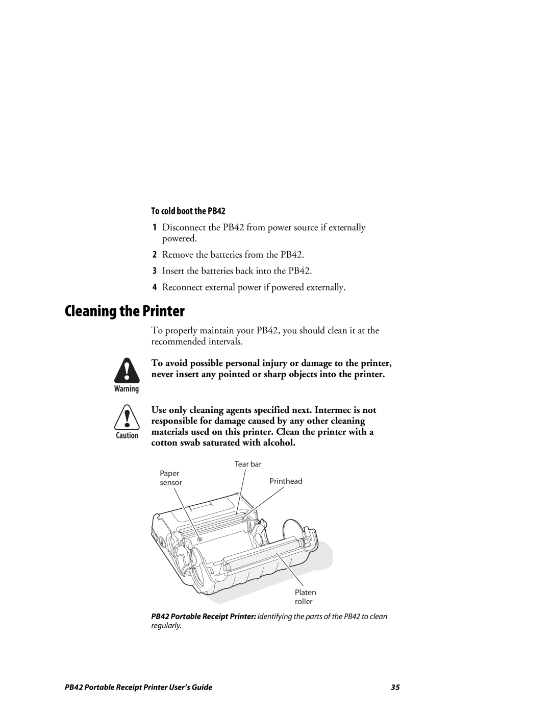 Lennox Hearth manual Cleaning the Printer, To cold boot the PB42 