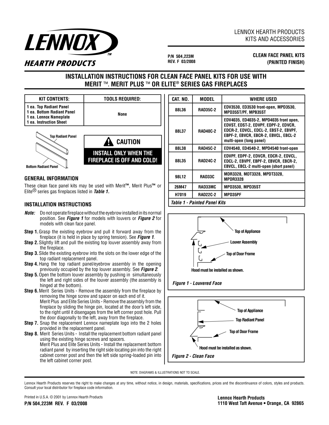 Lennox Hearth RAD24C-2, RAD33MC, RAD22C-2, RAD45C-2 installation instructions Install only When, Fireplace is OFF and Cold 