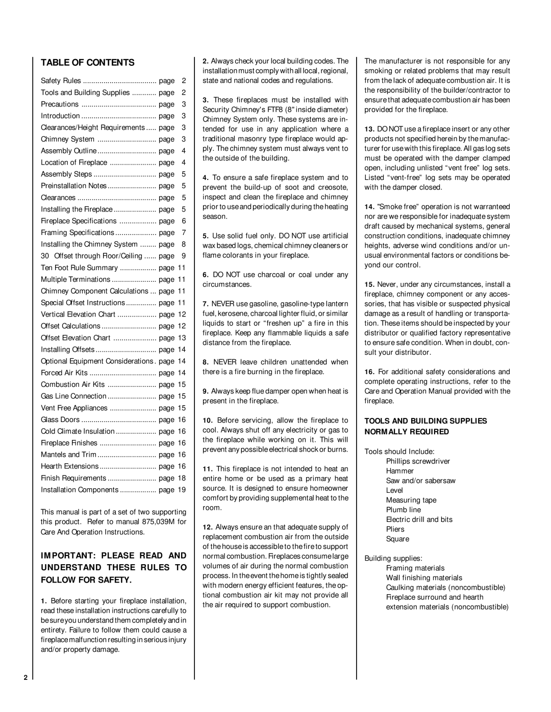 Lennox Hearth HCI-42-H, RDI-42-H installation instructions Table of Contents 