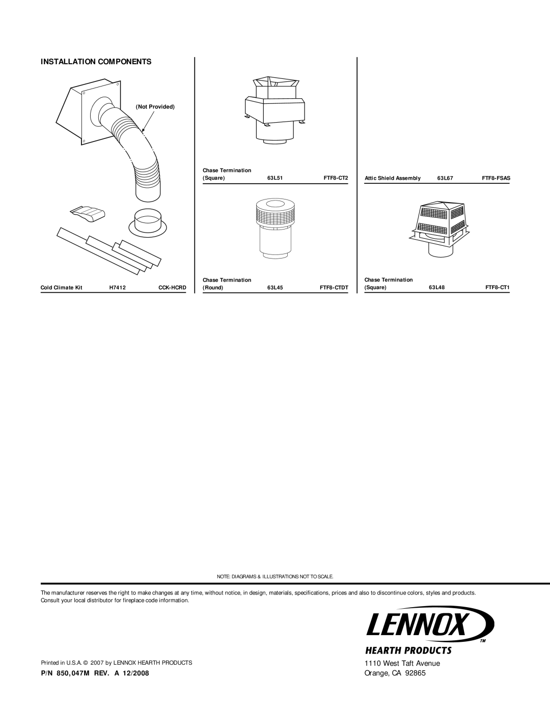 Lennox Hearth RDI-42-H, HCI-42-H installation instructions 850,047M REV. a 12/2008, Orange, CA, Not Provided 