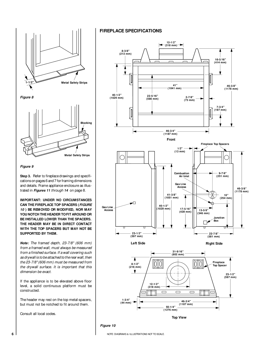 Lennox Hearth HCI-42-H, RDI-42-H Fireplace Specifications, Front, Left Side, Right Side, Top View 