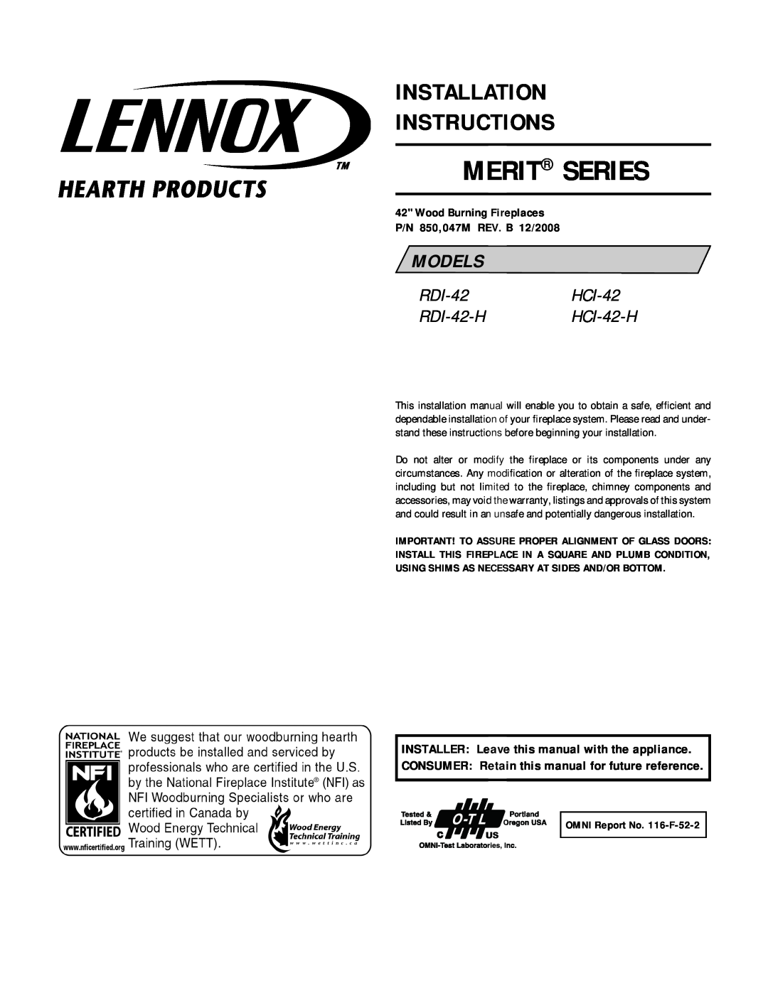 Lennox Hearth RDI-42-H, HCI-42-H installation instructions Merit Series, Installation Instructions, Models 