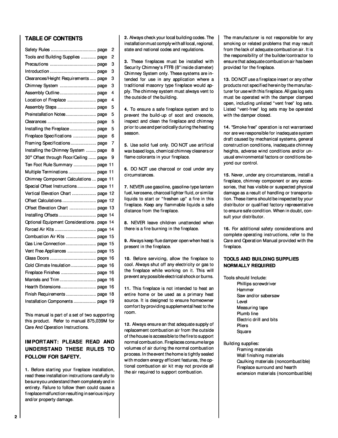 Lennox Hearth HCI-42-H, RDI-42-H Table Of Contents, Tools And Building Supplies Normally Required 