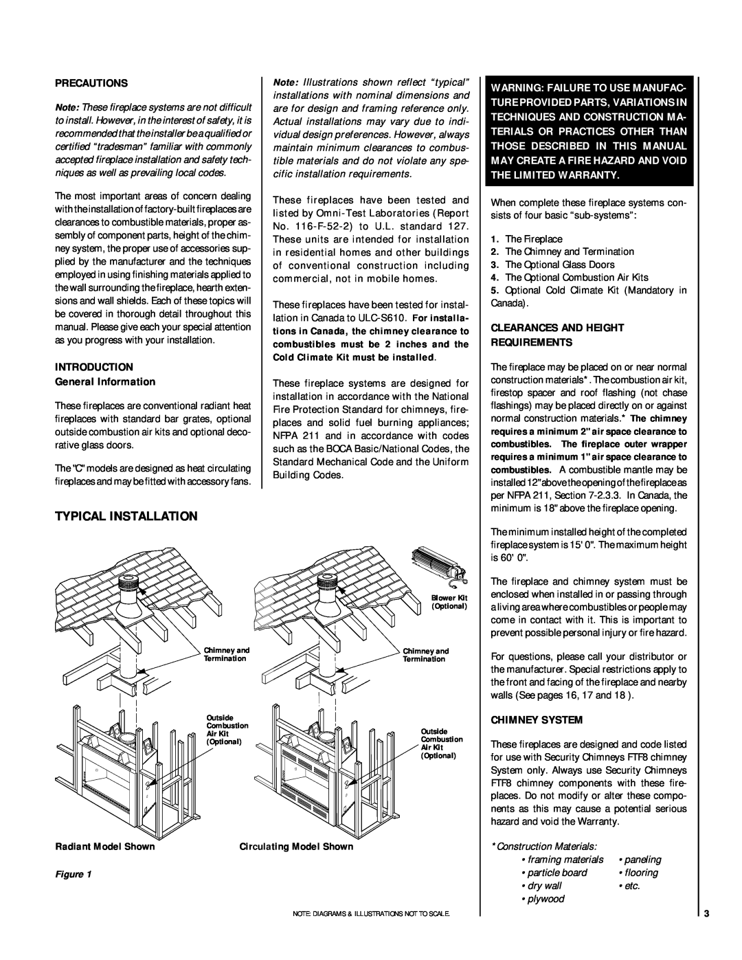 Lennox Hearth HCI-42, RDI-42 Typical Installation, Precautions, INTRODUCTION General Information, Chimney System, flooring 