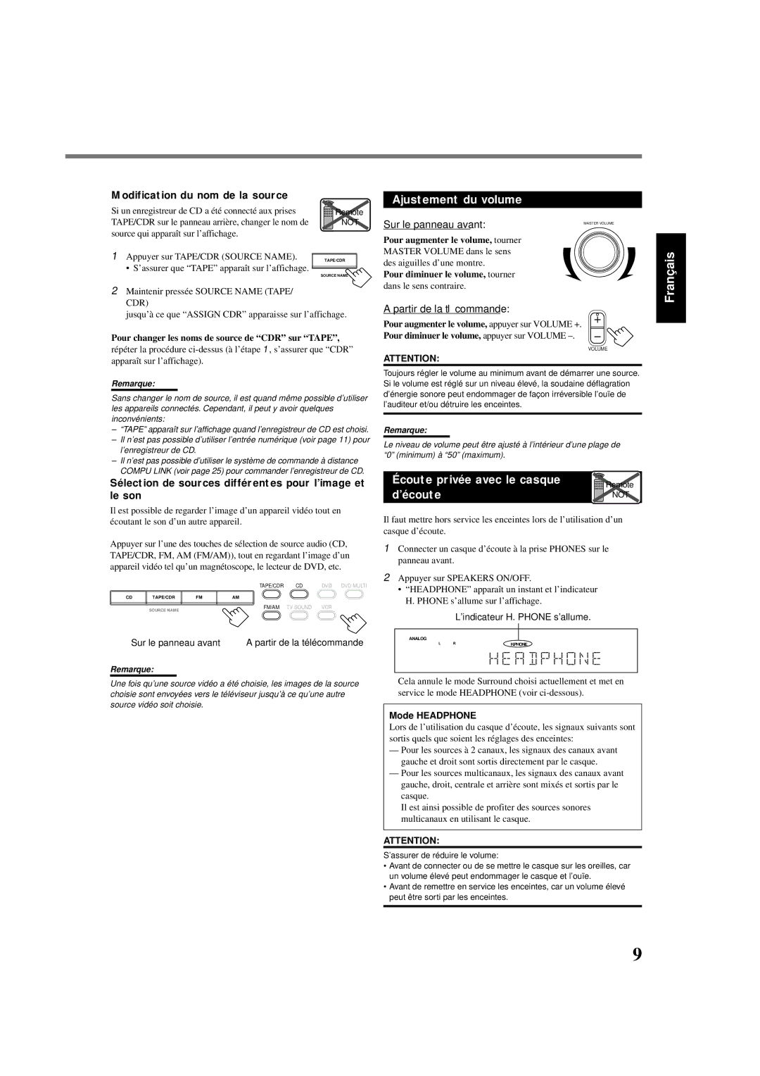 Lennox Hearth RX-6020VBK manual Ajustement du volume, Modification du nom de la source, Sur le panneau avant 