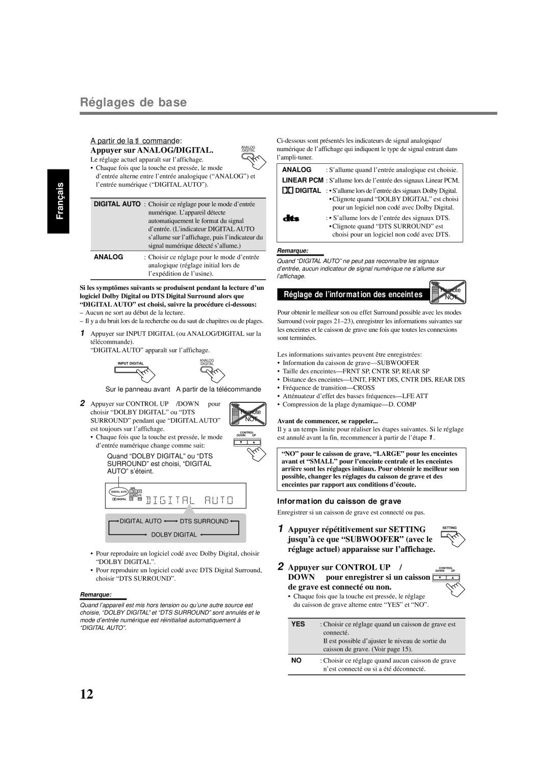 Lennox Hearth RX-6020VBK manual Réglages de base, Appuyer sur ANALOG/DIGITAL, Information du caisson de grave 