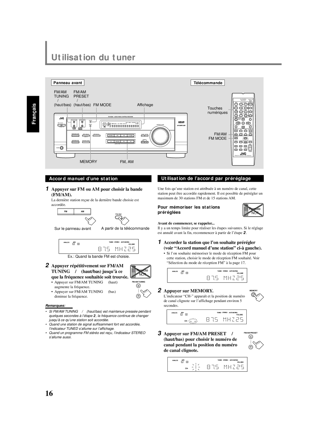 Lennox Hearth RX-6020VBK manual Utilisation du tuner, Accord manuel d’une station, Utilisation de l’accord par préréglage 