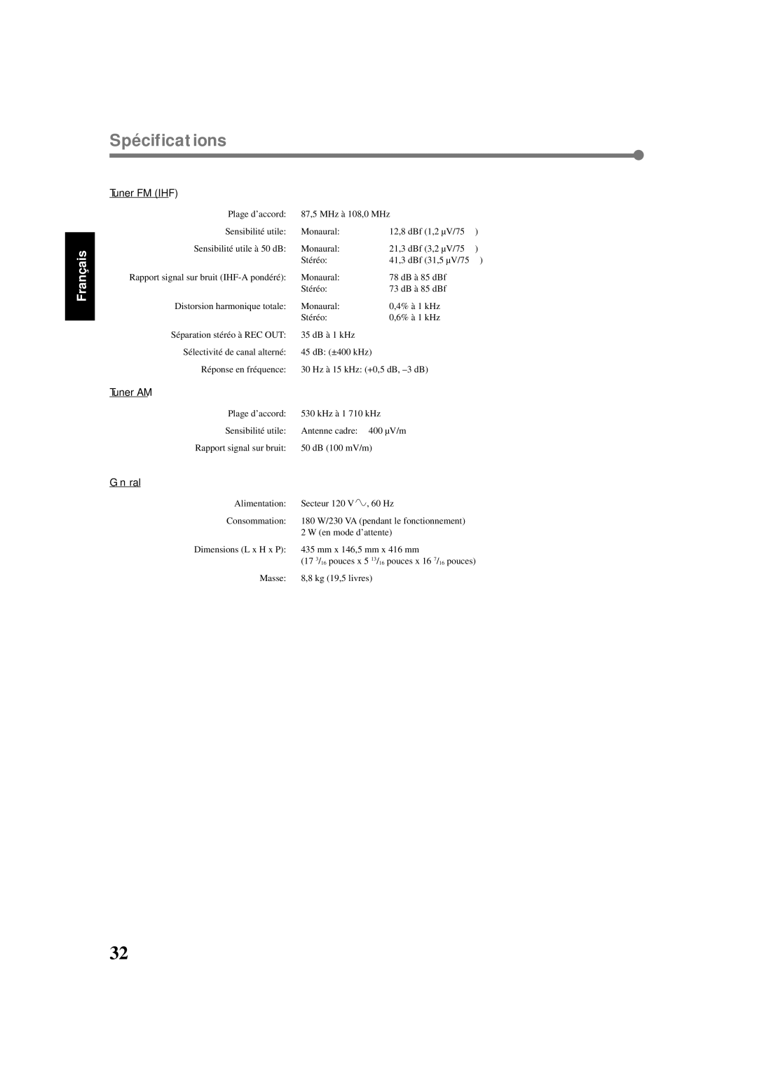 Lennox Hearth RX-6020VBK manual Spécifications, Tuner FM IHF, Tuner AM, Général 