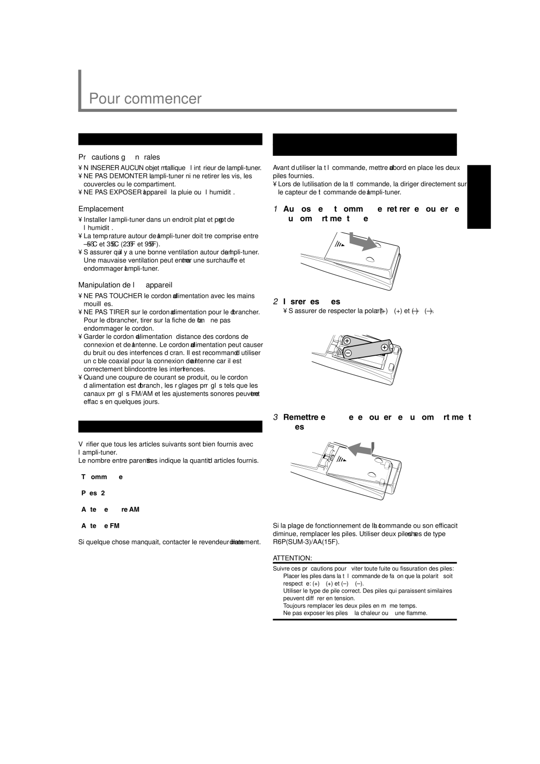 Lennox Hearth RX-6020VBK manual Pour commencer, Avant l’installation Mise en place des piles dans la, Télécommande 